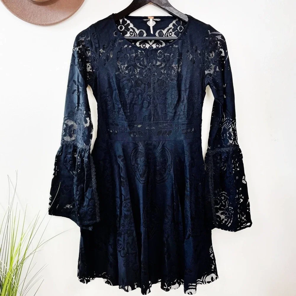 Free People Black Lace Long Sleeve Mini Dress